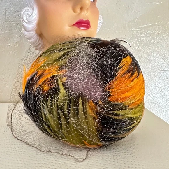 DEBONAIR 1930s' TILT HAT COVERED BY MULTICOLORED FEATHERS + BACK STRAP + VEIL